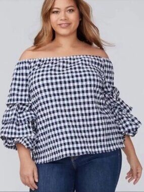 Lane Bryant Navy Blue On/Off-Shoulder Navy Blue White Gingham Blouse Top